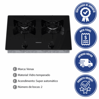 Cooktop Venax Linear Arena 2 Bocas Preto de Embutir a Gás Em Vidro Temperado Bivolt P26180