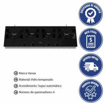 Cooktop Venax Linear Arena 4 Bocas Preto De Embutir A Gás Em Vidro Temperado Bivolt P24629
