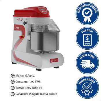 Amassadeira Espiral G.Paniz AE15G2 - 3 velocidades 380V Trifásico 15 Kg