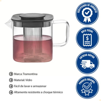 Bule Quadrado para Chá Tramontina em Vidro e Aço Inox com Infusor 600 ml 61763060