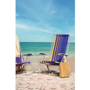 Kit 06 Cadeiras de Praia Reclin.Tramontina Bali Baixa em Alumínio c/ Assento Roxo e Amarelo 92900103