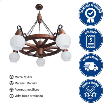 Lustre Roda de Carroça Muller Envelhecida 5 Lâmpadas 605E