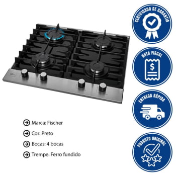 Cooktop A Gás Fischer Platinium Gll 4 Bocas Com Trempe De Ferro Fundido Mesa Vidro Bivolt 3380092121