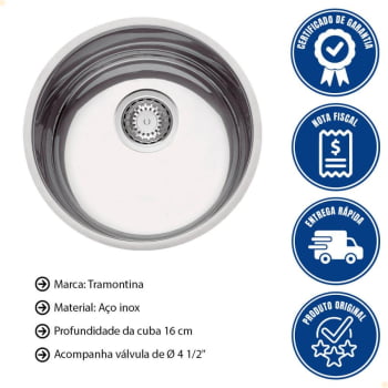 Cuba Redonda Tramontina Luna 30 BL Prime em Aço Inox Alto Brilho 30 cm com Válvula 94010202