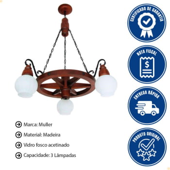 Lustre Muller  Roda Carroça  3 Lâmpadas Envelhecido 603E