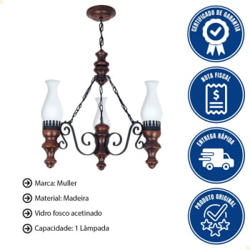 Lustre Muller Rustico 3 Lâmpadas Envelhecido 803E