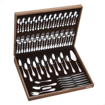 Faqueiro Tramontina Cannes em Aço Inox Facas de Mesa Forjadas Estojo de Madeira 76 Peças 66979300