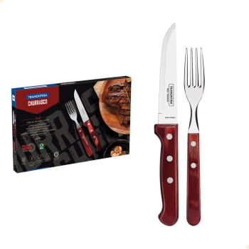 Jogo de Talheres Jumbo Tramontina Churrasco Aço Inox Cabos Madeira Polywood Vermelho 12 Pçs 21198776