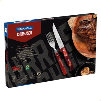 Jogo de Talheres Jumbo Tramontina Churrasco Aço Inox Cabos Madeira Polywood Vermelho 12 Pçs 21198776