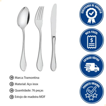 Faqueiro Tramontina Italy em Aço Inox com Facas de Mesa Brilho e Estojo de Madeira 76 Peças 66932307