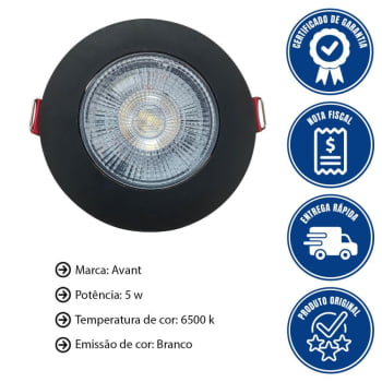Kit 10 Spots Authentic LED Redondo de Embutir Avant Branco com Corpo Preto Fosco 5w 6500k - Cód 865250576