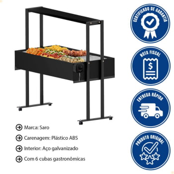 Buffet Térmico Aquecido Saro 6 Cubas Com Tampa Preto 220V BF622