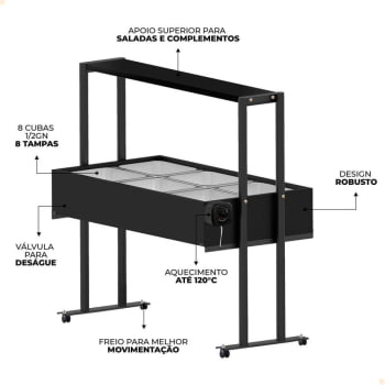 Buffet Térmico Aquecido Saro 6 Cubas Com Tampa Preto 220V BF622