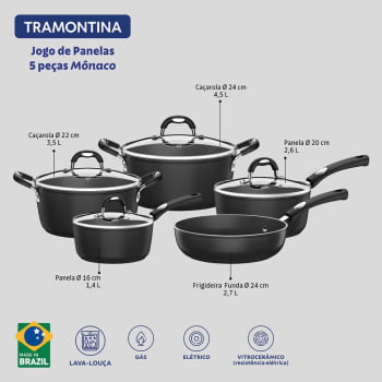 Jogo de Panelas Tramontina Mônaco em Starflon e Cabos em Alumínio Preto 5 Peças 20899050