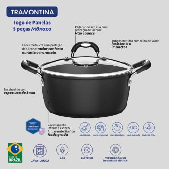 Jogo de Panelas Tramontina Mônaco em Starflon e Cabos em Alumínio Preto 5 Peças 20899050