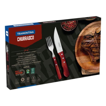 Jogo de Talheres para Churrasco Jumbo Tramontina em Inox Cabo Vermelho Polywood 12 Peças 21199796