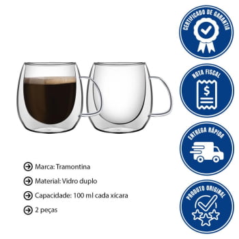 Conjunto De Xícaras Tramontina Para Café 2 Peças 100ml Vidro Duplo 64760440