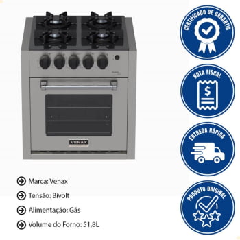 Fogão De Embutir 4 Bocas Venax Gaudi Line Inox 51,8L Gás GLP Automático Bivolt 30299