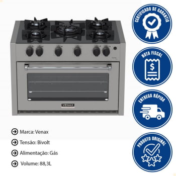 Fogão De Embutir 5 Bocas Venax Gaudi Line Inox 88,3L Gás Automático Bivolt 30305