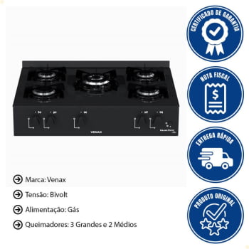 Fogão De Mesa 5 Bocas Venax Grand Petit Line Preto Gás GLP Automático Bivolt 26007
