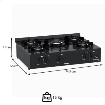 Fogão De Mesa 5 Bocas Venax Grand Petit Line Preto Gás GLP Automático Bivolt 26007
