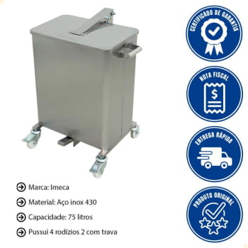 Lixeira Industrial Imeca Em Aço Inox 430 75L Com Tampa 4 Rodízios 2 Travas E Alças Laterais 7494