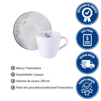 Conjunto Xícara E Pires De Chá Tramontina Floralis Em Porcelana Decorada 200ml 2 Peças 96580083