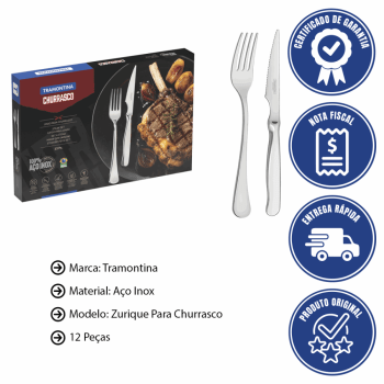Jogo de Talheres Tramontina Zurique Para Churrasco Em Aço Inox Acabamento Alto Brilho 12 Peças 66986720