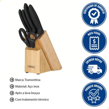 Jogo de Facas Tramontina Plenus Inox Cabos Polipropileno Preto e Suporte de Madeira 6 Peças 23498015
