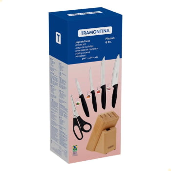 Jogo de Facas Tramontina Plenus Inox Cabos Polipropileno Preto e Suporte de Madeira 6 Peças 23498015