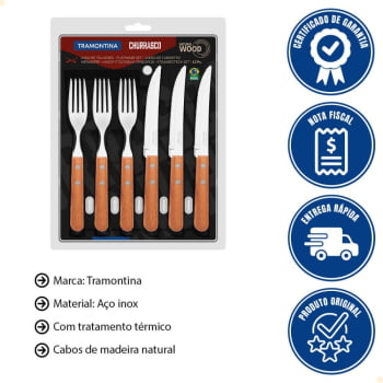Jogo de Talheres Churrasco Tramontina Aço Inox Cabos de Madeira Natural 12 Peças 22399030
