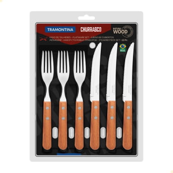 Jogo de Talheres Churrasco Tramontina Aço Inox Cabos de Madeira Natural 12 Peças 22399030