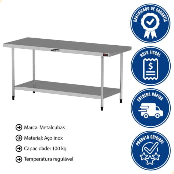 Mesa Aquecida Aço Inox Metalcubas Temperatura Regulável 180x70cm PAM 1800 M 220V