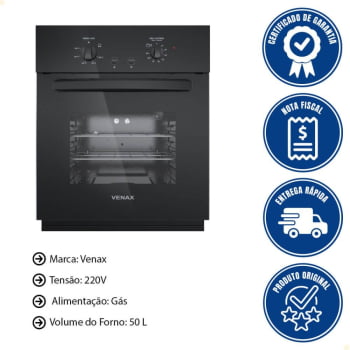 Forno de Embutir Venax á Gás 50L Totale Nero GIII GLP 220V 26019